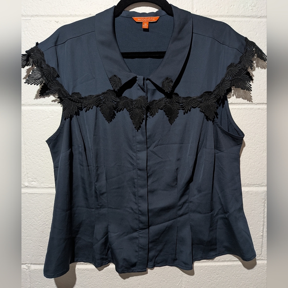 Navy Blue With Black Lace Button Up Blouse